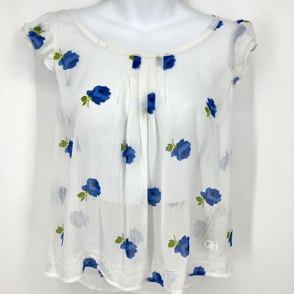 Gilly Hicks Blue Floral Sheer Blouse Flutter Sleeve Size S - Picture 1 of 9